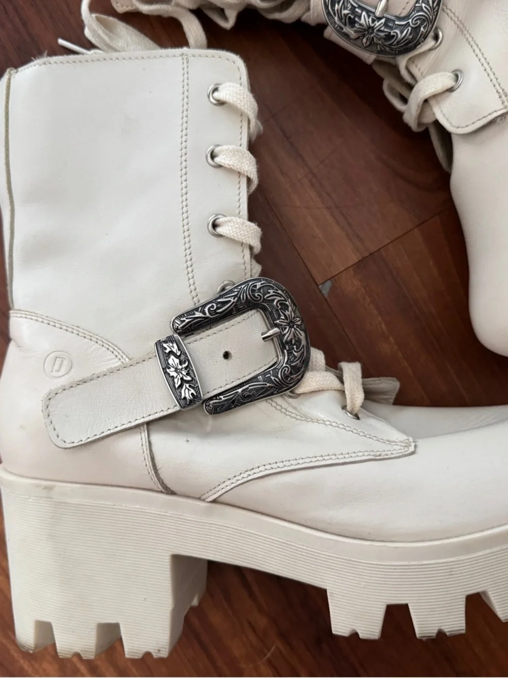 dingo Cream Lace-Up Lug Sole Boot with Silver Buckle